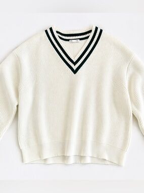 Cream V-Neck Knit Sweater with Black Stripe Trim - GU Japan